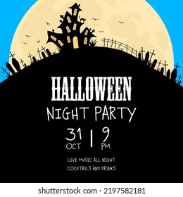 Halloween night party banner with witch's house, cemetery and grave crosses on a hill illuminated by yellow light of giant moon in background. Vector invitation or greeting card for Halloween party.