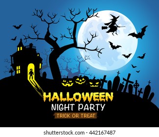 Halloween night party blue background vector illustration.