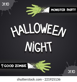 Halloween night party - card with 3D inscription and zombie hands. Vector eps 10