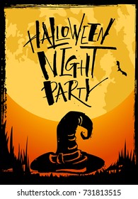 Halloween Night Party card. Handwritten modern calligraphy, vector illustration. Template for banners, posters, merchandising, cards or photo overlays.

