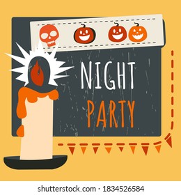 Halloween night party for celebration of all hallows eve day. Light of candle, carved pumpkins faces and skull. Jack o lanterns with grin or smile, partying on festive event. Vector in flat style