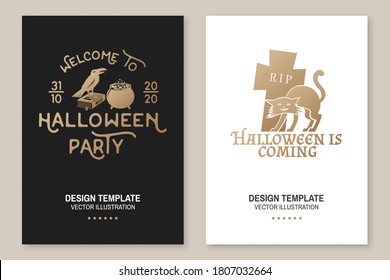 Halloween night party concept. Vector Halloween retro badge. Overlay or Labels for shirt or logo, print, seal, stamp. Raven and skeleton hand on the cemetery. Typography design- stock vector.