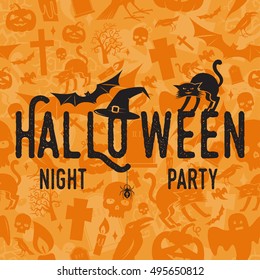 Halloween night party concept. Vector Halloween retro badge. Concept for shirt, logo, print, seal or stamp. Spider, bat, hat and cat. Typography design- stock vector.