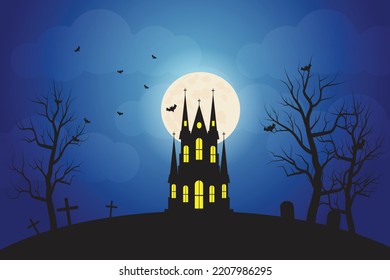 Halloween night Party and dark blue sky background, dark castle on the hill and the moon background,. vector illustration