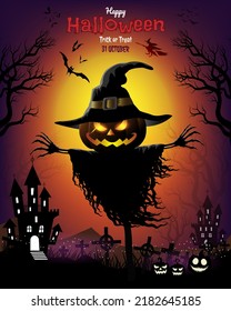 Halloween night party. Halloween dark night pumpkin scarecrow on the fall and dark forest. Many crosses, witch fly bats with haunted house.  Vector illustration.