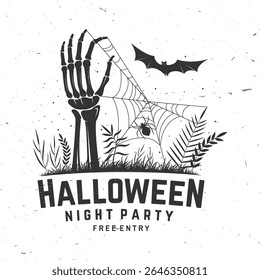 Halloween night party design. Vector illustration. For holiday Halloween design, shirt, logo, badge, decorations, cards, banner with skull hand sticking out of grave silhouette.