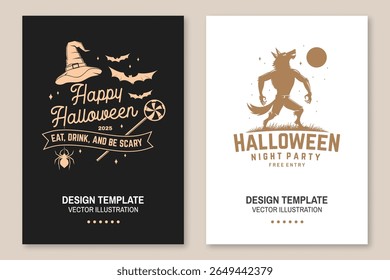 Halloween night party flyer, poster, banner design. Vector illustration. For holiday Halloween design, shirt, logo, badge, cards, with scary werewolf, wizard hat, spiders, bats and candys silhouette.