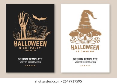 Halloween night party flyer, poster, banner design. Vector illustration. For holiday Halloween design, shirt, logo, badge, decorations, cards, banner with skull hand sticking out of grave, skull