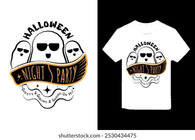 Halloween night party ghost Halloween t-shirt design, Halloween cute ghost illustration for white t-shirt.