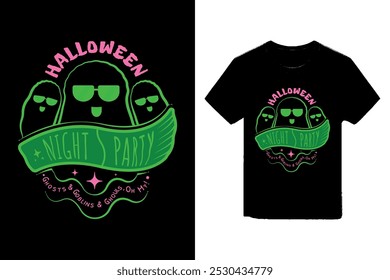 Halloween night party ghost Halloween t-shirt design, Halloween cute ghost illustration for dark t-shirt.