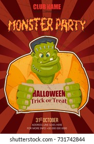 Halloween night party with green monster character design background for invitation, card, poster, flyer. Zombie for Halloween party. Cartoon style.