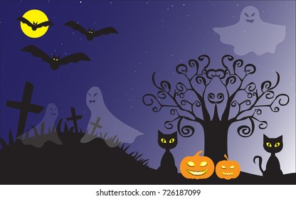 Halloween night party with horrible tree,ghost,bat,cat and pumpkin