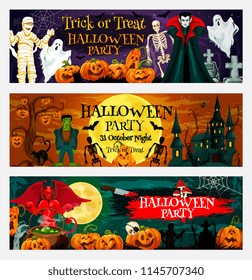 Halloween night party invitation banner of october pumpkin and ghost haunted house. Cemetery with full moon, bat and spider net, skeleton, zombie and vampire, mummy and devil for greeting card design