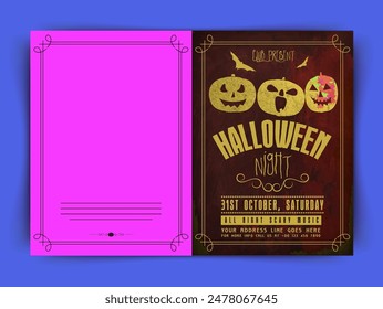 Tarjeta de invitación de fiesta de noche de Halloween con detalles del evento en color marrón y rosa fucsia.