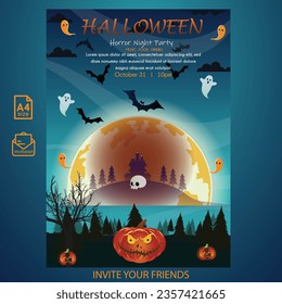 Halloween night party invitation card.Spooky,Creepy,Haunted,Witch,Ghost,Skeleton,Scary,Horror,Full moon,Trick or treat poster illustration. Halloween letterhead design template. Halloween design. 