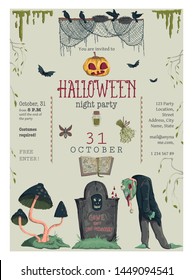 Halloween night party invitation. Creepy characters and decorations. Design template for greeting card, wallpaper, poster, flyer. Vector illustration