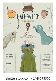 Halloween night party invitation. Creepy characters and decorations. Design template for greeting card, wallpaper, poster, flyer. Vector illustration
