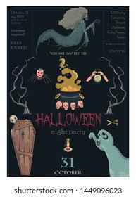 Halloween night party invitation. Creepy characters and decorations. Design template for greeting card, wallpaper, poster, flyer. Vector illustration