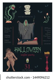 Halloween night party invitation. Creepy characters and decorations. Design template for greeting card, wallpaper, poster, flyer. Vector illustration