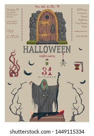 Halloween night party invitation. Creepy characters and decorations. Design template for greeting card, wallpaper, poster, flyer. Vector illustration