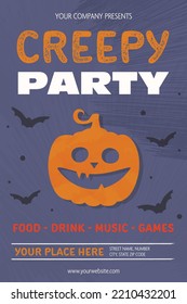 Halloween Night Party invitation with creepy pumpkin. Vector illustration