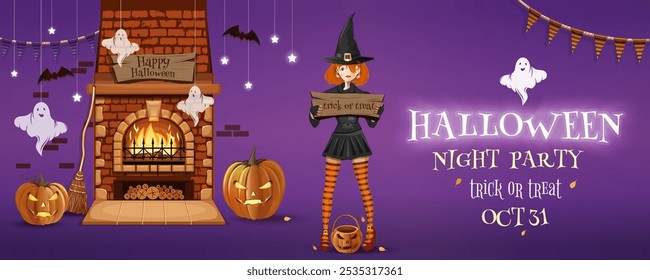 Halloween night party, invitation flyer design. Halloween banner with cute girl in witch costume. Vector illustration