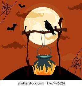 Halloween night party invitation or greeting card.Potion poison boils in a cauldron.A witch's cauldron hangs on dry branches over a bonfire.A black raven sits,full moon and scary night.Day of the dead