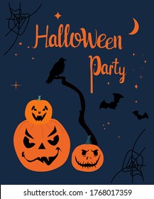 Halloween night party invitation or greeting card with handwritten calligraphy and traditional symbols. Pumpkins with weird facial expressions. A clumsy dry tree and a black raven.Hand drawn vector