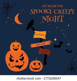 Halloween night party invitation or greeting card with wooden tablets or pointer with warning signs.Clumsy tree, a black raven.Pumpkins with weird facial expressions. Hand drawn vector Jack-o-lanterns