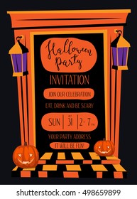 Halloween night party invitation with haunted house orange doorway and pumpkin head jack lanterns, cartoon vector illustration on black background. Halloween design template with space for text.