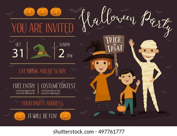 Halloween night party invitation with place for text. Funny kids in carnival costumes mummy, vampire and witch with sign - Trick or Treat.