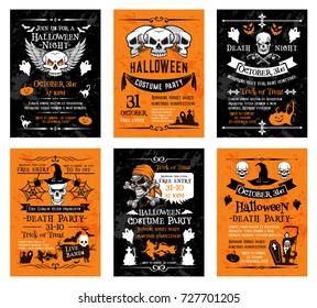 Halloween night party night invitation posters and cards templates for 31 October traditional trick or treat holiday celebration. Vector Halloween pumpkin lantern, skeleton skull and zombie grave