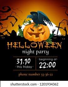 Halloween night party invitation with raven on pumpkin. Party details with raven, orange pumpkin, graves and full moon. Can be used for invitations, banners, posters. 