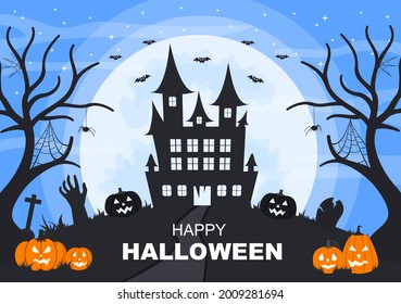 Halloween Night Party Landing Page Illustration With Witch, Haunted House, Pumpkins, Bats and Full Moon. For Background, Banner, Wallpaper, or Brochure