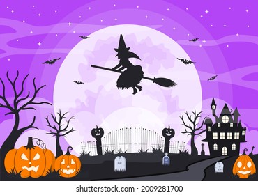 Halloween Night Party Landing Page Illustration With Witch, Haunted House, Pumpkins, Bats and Full Moon. For Background, Banner, Wallpaper, or Brochure