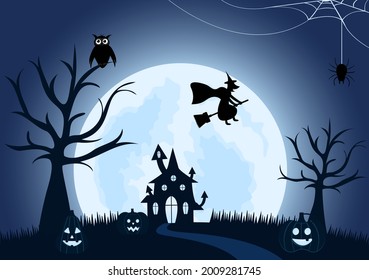 Halloween Night Party Landing Page Illustration With Witch, Haunted House, Pumpkins, Bats and Full Moon. For Background, Banner, Wallpaper, or Brochure