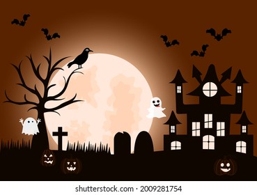 Halloween Night Party Landing Page Illustration With Witch, Haunted House, Pumpkins, Bats and Full Moon. For Background, Banner, Wallpaper, or Brochure