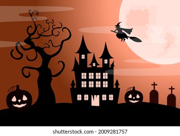 Halloween Night Party Landing Page Illustration With Witch, Haunted House, Pumpkins, Bats and Full Moon. For Background, Banner, Wallpaper, or Brochure