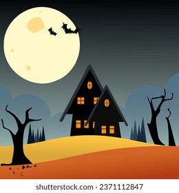 Halloween night party landscape. Flat vector illustration.