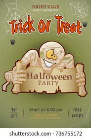 Halloween night party with mummy monster character design background for invitation, card, poster, flyer. Mummy for Halloween party. Cartoon style.