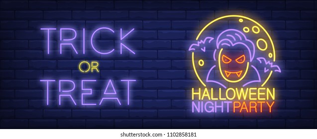 Halloween night party neon style banner. Trick or Treat text, vampire, bats and moon on brick background. Holiday, party, celebration. Can be used for advertising, street wall sign, web design