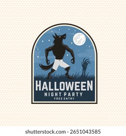 Projeto de patch de festa noturna de Halloween. Ilustração vetorial. Para o design de adesivo de Halloween de férias, camisa, logotipo, distintivo, decorações, cartões, banner com silhueta de lobisomem assustador.