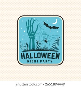 Halloween night party patch design. Vector illustration. For holiday Halloween sticker design, shirt, logo, badge, decorations, cards, banner with skull hand sticking out of grave silhouette.