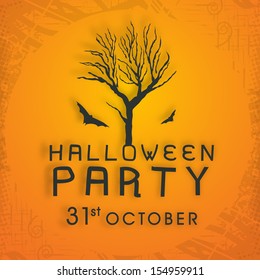 Halloween night party poster, banner or flyer with dead tree on orange background. 