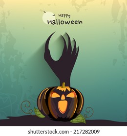 Halloween night party poster, banner or flyer design with scary pumpkin and zombie hand on grungy green background. 