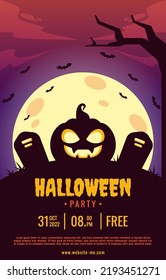 Halloween night party poster design in flat style with pumpkin. Halloween banner illustration design.