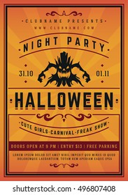 Halloween Night Party Poster Design Template. Typography flyer invitation vector illustration.