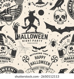 Halloween night party seamless pattern or background. Vector illustration. Seamless scene for holiday Halloween wallpaper or wrapper with werewolf, skull hand hold microphone, wizard hat, spiders