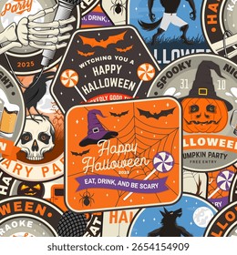 Motif ou arrière-plan harmonieux de soirée d'Halloween. Image vectorielle. Scène harmonieuse pour le fond d'écran d'Halloween de vacances ou envelopper avec sorcière, loup-garou, crâne, chapeau de sorcier, araignées chauves-souris, citrouille et des bonbons