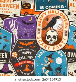 Motif ou arrière-plan harmonieux de soirée d'Halloween. Image vectorielle. Scène harmonieuse pour le fond d'écran d'Halloween de vacances ou envelopper avec sorcière, loup-garou, crâne, chapeau de sorcier, araignées chauves-souris, citrouille et des bonbons